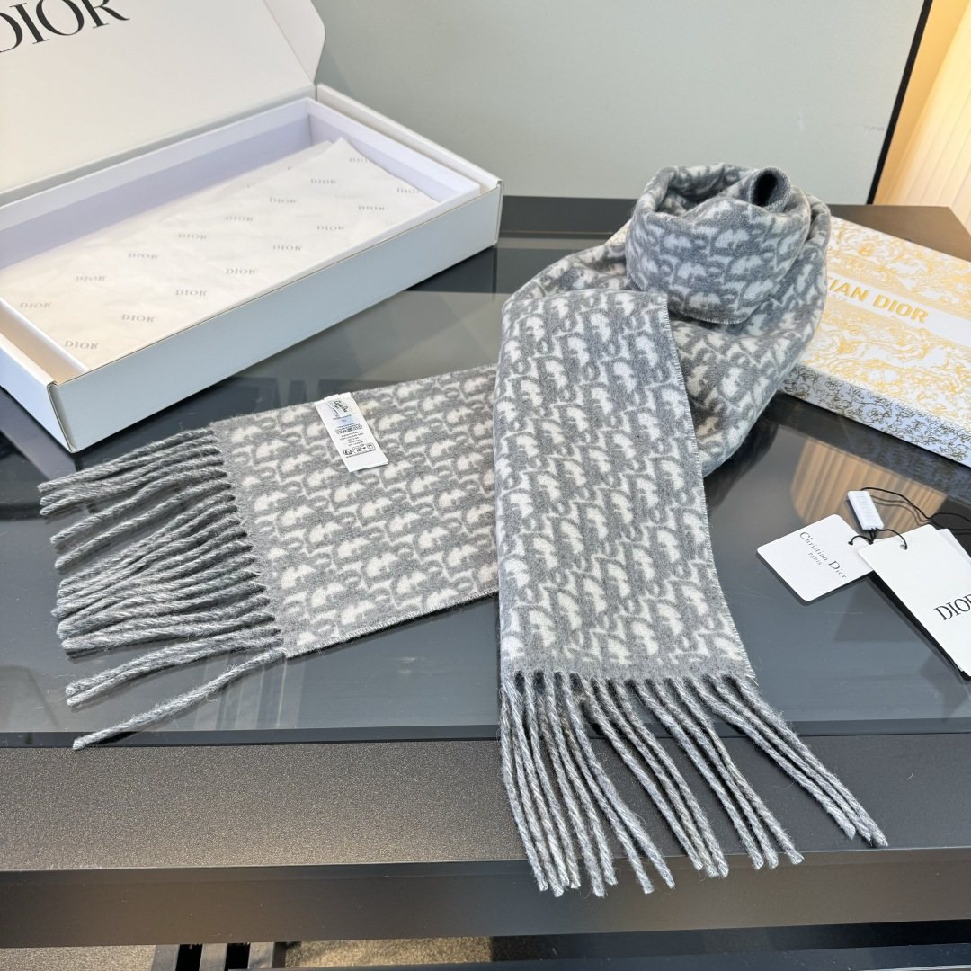 Dior Gray & Ivory Fringed Scarf