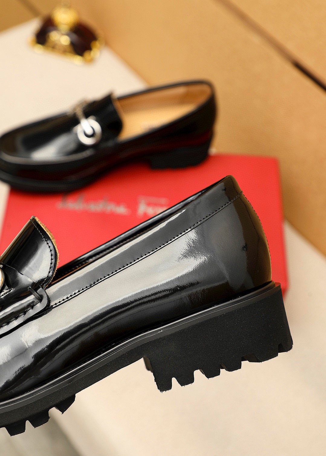 Ferragamo Black Metal-Hardware Loafers