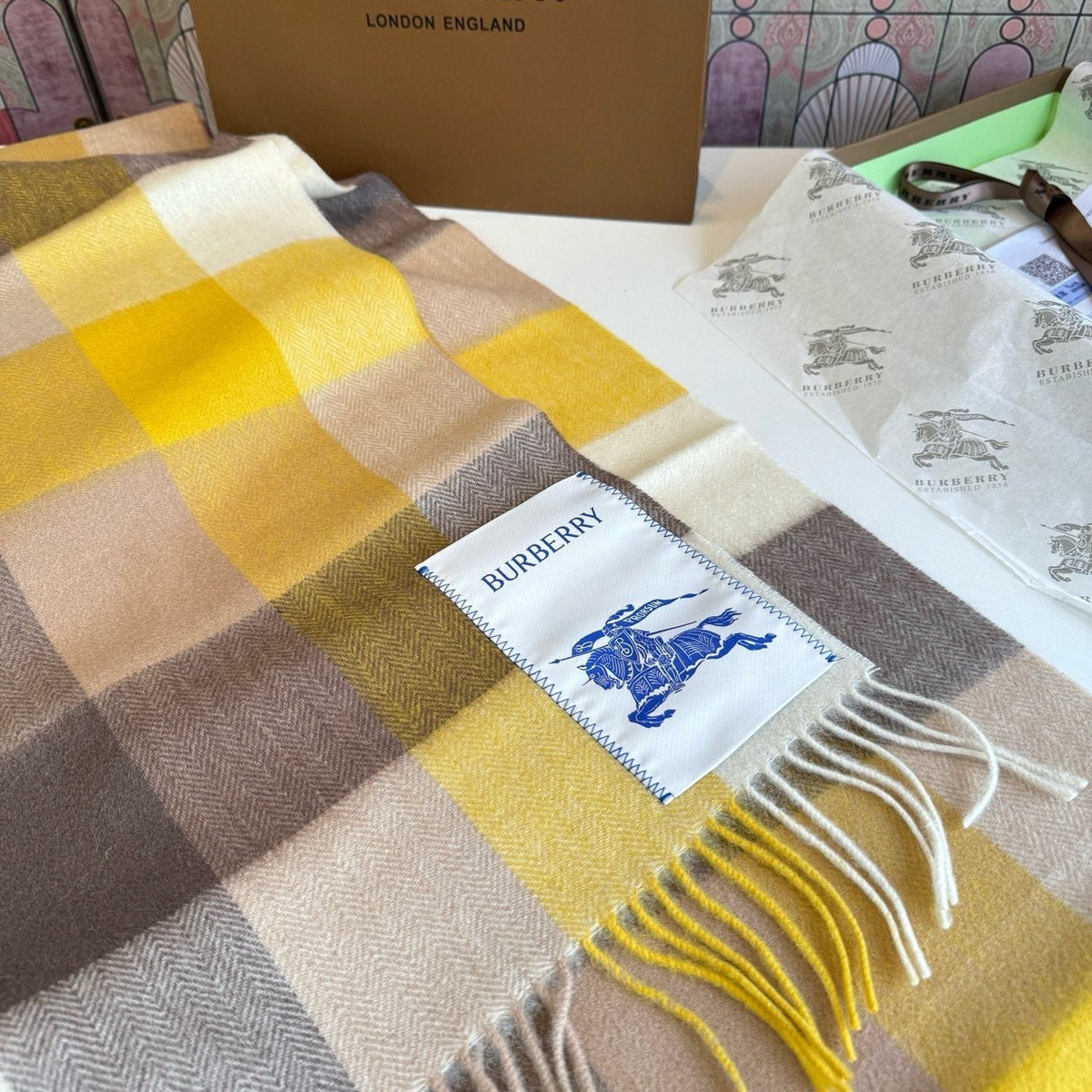 Burberry Yellow Brown Plaid Scarf