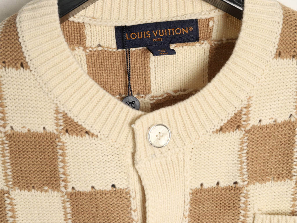 Louis Vuitton Checkerboard Crewneck Knit Cardigan - Khaki and Cream
